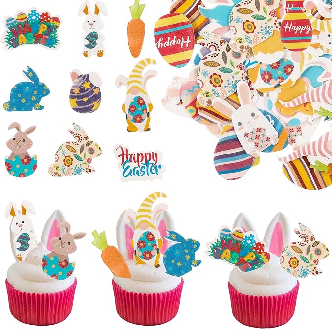 Ephlyn 72Pcs Edible Toppers - Easter & Birthday Cupcake Toppers for Kids & Parties