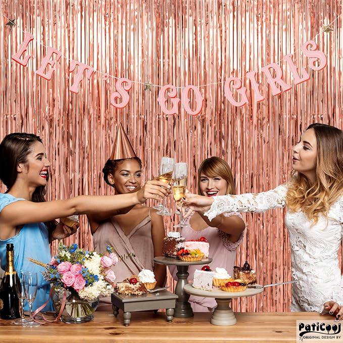 Thicken Rose Gold Streamers 4 Pack 3.2 x 8.2 FT, Tinsel Backdrop Curtains, Birthday Decorations for Women Girls, Foil Fringe Photo Backdrop for Bridal Shower, Baby Shower Party Decorations