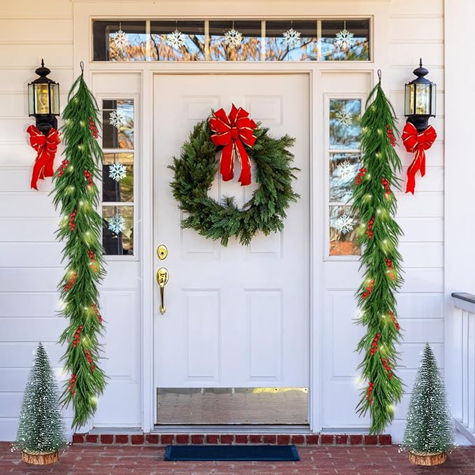 6FT Pre-Lit Christmas Garland with Mini Christmas Tree, Artificial Christmas Green Rattan Pine Cypress Garland, Seasonal Garland for Mantle Stairs Table Fireplace Xmas Decoration