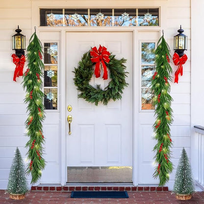 6FT Pre-Lit Christmas Garland with Mini Christmas Tree, Artificial Christmas Green Rattan Pine Cypress Garland, Seasonal Garland for Mantle Stairs Table Fireplace Xmas Decoration