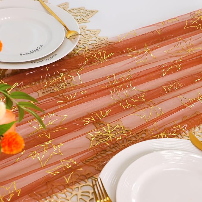 Snowkingdom Fall Thanksgiving Table Runner 10Ft, Gold Maple Leaves Burnt Orange Rust Sheer Tulle Gauze Cheesecloth, Golden Sequin Glitter Dining Table Centerpieces Decorations for Autumn Harvest Party