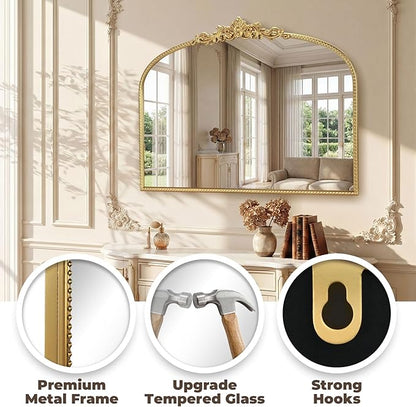 Gold Vintage Vanity Mirror 32x24 Inch, Shell Crown Ornate Beaded Frame Vanity Mirror, Antique Decorative Horizontal Mirror for Bathroom, Bedroom, Entryway, Fireplace Wall