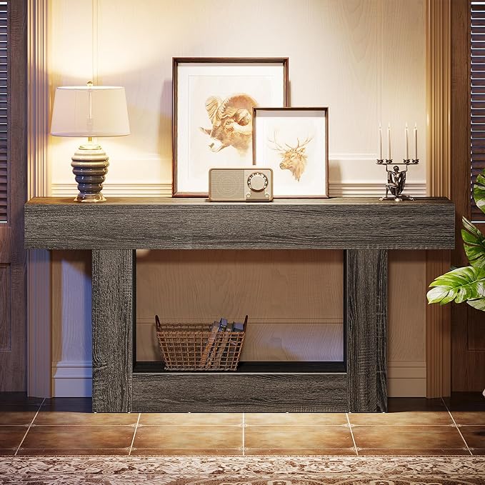 Tribesigns 63" Console Table, Farmhouse 2-Tier Entryway Table with U-Shaped Base, Narrow Long Wood Sofa Table Behind Couch Table for Living Room, Hallway, Foyer, Gray