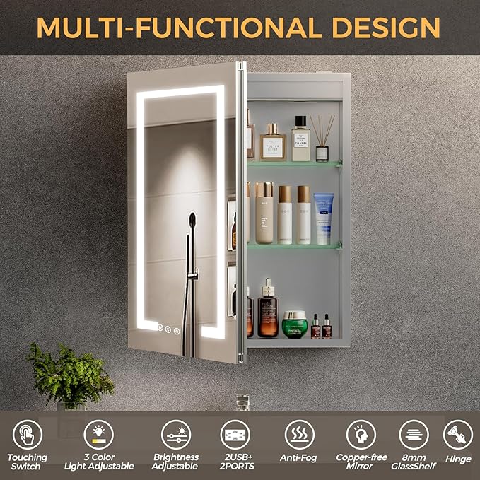 New LED Bathroom Mirror 20 * 30 Stepless Dimmable Wall Mirrors with Anti-Fog, Shatter-Proof, Memory, 3 Colors, Memory Function, Water Proof, Decor Vanity Mirror