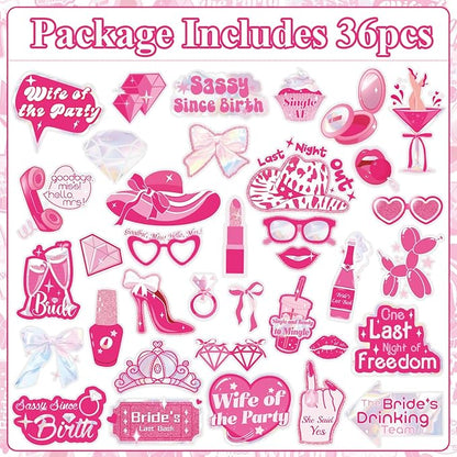 SUNBEAUTY 36 Pcs Bachelorette Photo Booth Props Pink Girls Birthday Decorations Photo Props for Wedding Bridal Shower Bachelorette Party Supplies