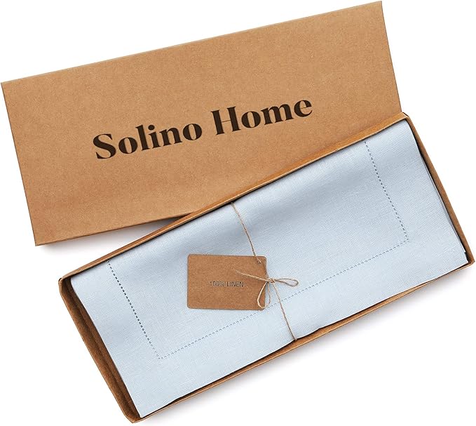 Solino Home Linen Light Blue Table Runner 120 Inches Long - 100% Pure Linen 14 x 120 Inch Table Runner for Winter, Christmas, New Year - Classic Hemstitch