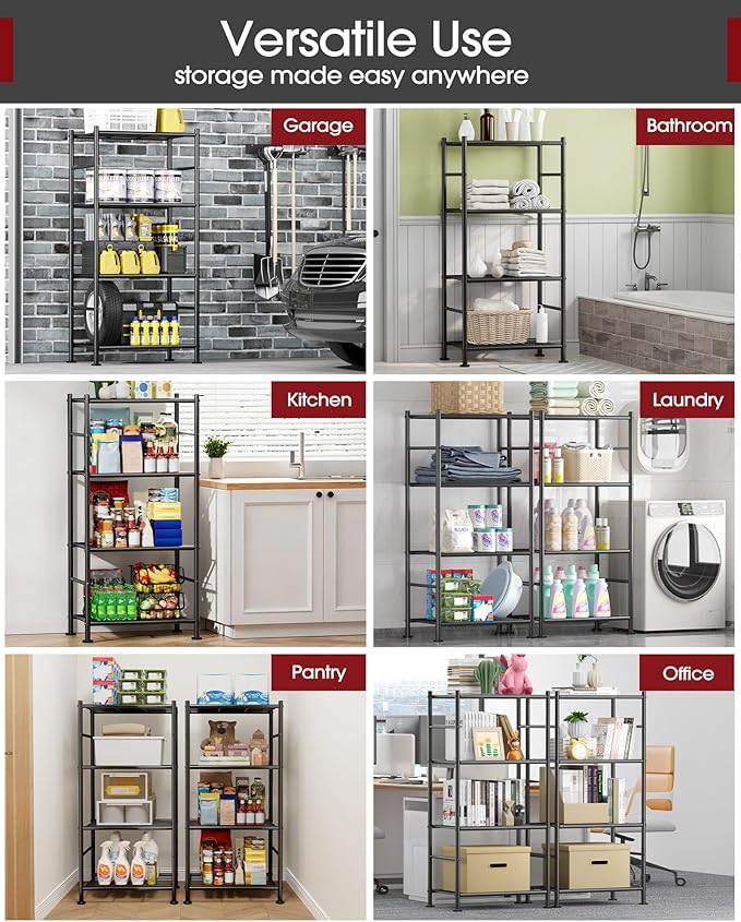 Storage Shelves - 4 Tier Shelf Organizer, Sturdy Metal Garage Shelving with Adjustable Leveling Feet, Space-Saving Shelves Organizer for Pantry, Laundry, Kitchen (18" x 12" x 44", Black)