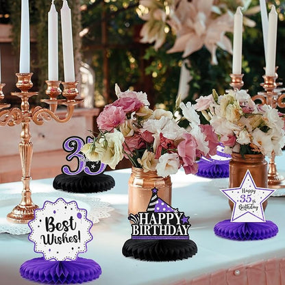 Happy 35th Birthday Decorations,35th Bday Purple Glitter Shiny Stand Honeycomb Table Centerpieces - Cheers to 35 Years Old Birthday Party Photoprop Gift Sign.