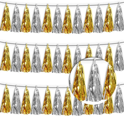 3P Gold Silver Tassel Banner Garland Metallic Foil Fringe Banner Tinsel Tassels Streamer Banner Backdrop for Parade Floats, Graduation Decorations, Father' Day, Halloween, Christmas Decorations