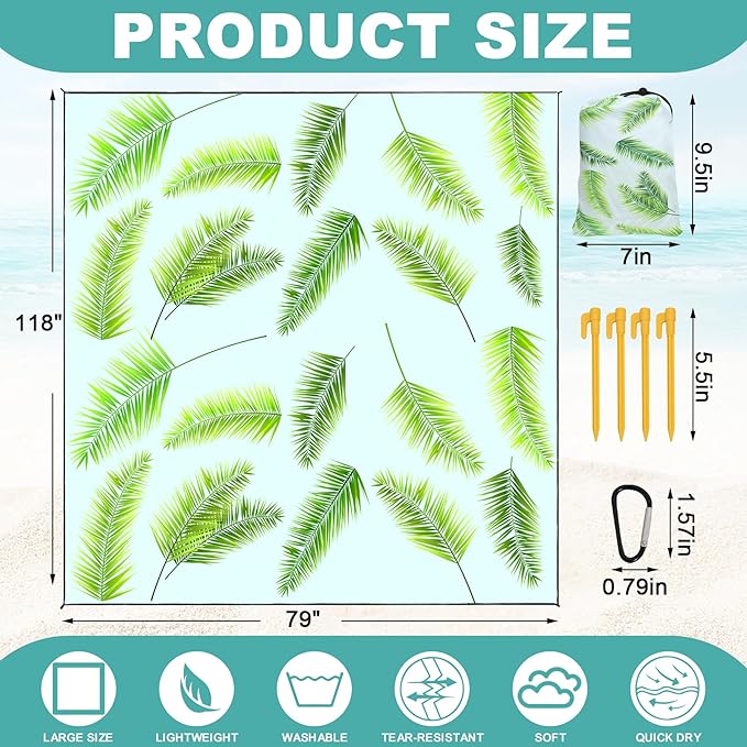 Beach Blanket Waterproof Sandproof beach mat 79" X 118" portable Quick Drying large essentials pincic mat for 2-8 adults have 4 Stakes & 4 Corner Pockets for camping outdoor travel(Hawai Leaves）