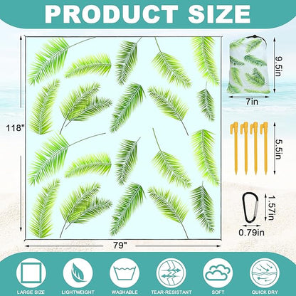 Beach Blanket Waterproof Sandproof beach mat 79" X 118" portable Quick Drying large essentials pincic mat for 2-8 adults have 4 Stakes & 4 Corner Pockets for camping outdoor travel(Hawai Leaves）