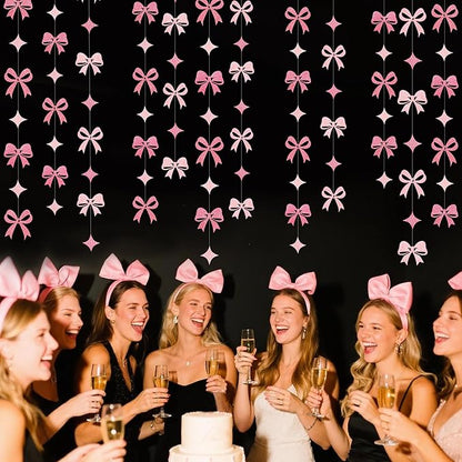 Pink Bow Decorations Pink Glitter Paper Heart Bow Hanging Garland Streamer for Coquette Birthday Valentines Bachelorette Anniversary Wedding Bridal Shower Baby Shower Hen Party Decorations Supplies
