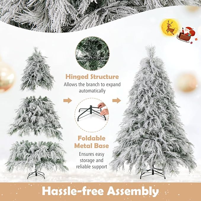 GOFLAME 6ft Pre-Lit Christmas Tree Snow Flocked, Hinged Artificial Xmas Tree with 519 Branch Tips, 250 Warm White LED Lights, Willow Leaves, Holiday Decoration Tree for Home Office Party