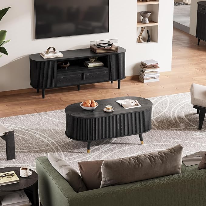42.5" Oval Lift Top Coffee Table with Storage,Modern Black Center Table with Fluted Design, Pop Up CoffeeTable for Living Room,Solid Wood Legs & Hidden Compartment,