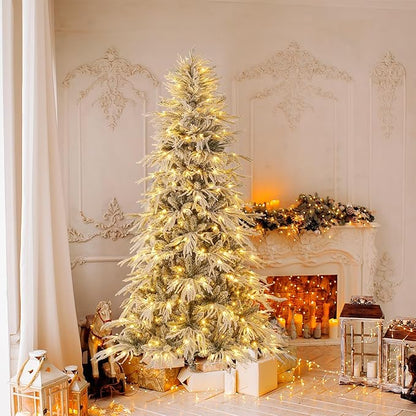 GOFLAME 7FT Pre-lit Artificial Christmas Tree, Snow Flocked Hinged Xmas Tree with 340 Warm White LED Lights, 820 Branch Tips and Folding Metal Stand, Holiday Decoration Tree for Home Party