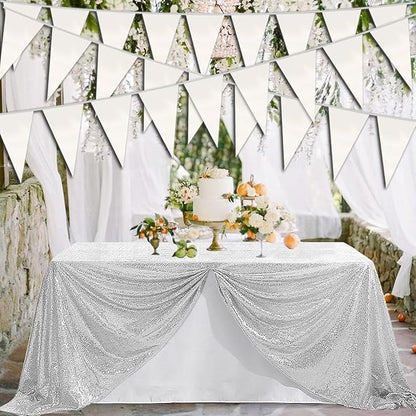 20M/65FT White Triangle Pennant Banner Flag Metallic Fabric Bunting Garland for Christmas Graduation Wedding Engagement Anniversary Bachelorette Birthday Bridal Shower Valentines Hen Party Supplies