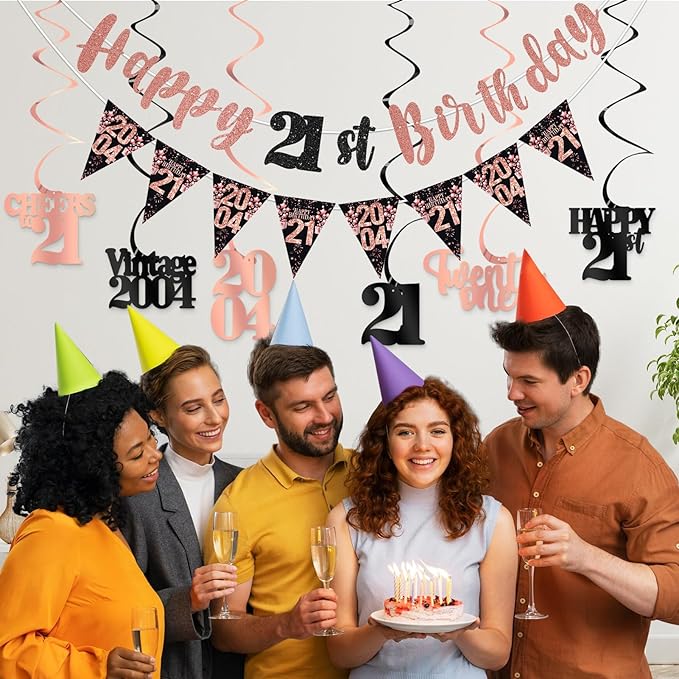 21st Birthday Decorations for Her, Black Rose Gold Happy 21st Birthday Banner Hanging Swirls Vintage 2004 Decorations Kit Cheers to 21 Party Supplies