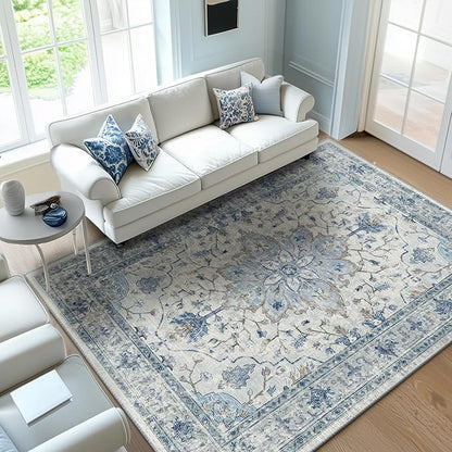 Area Rugs 5'x7' Washable Non-Slip, Floral Vintage Distress Print Pattern Medallion Carpet for Living Room Bedroom Dining Room, Light Blue Navy Beige Gray White