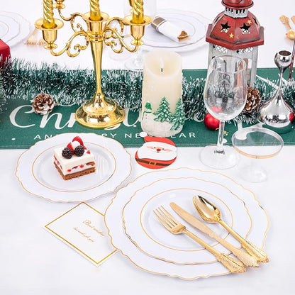 Liacere 350PCS Gold Plastic Plates-Disposable White and Gold Plates 50guest Baroque Plastic Dinnerware include 100Plates, 50Pack Pre Rolled Napkins with Silverware 50Cups for Wedding&Thanksgiving