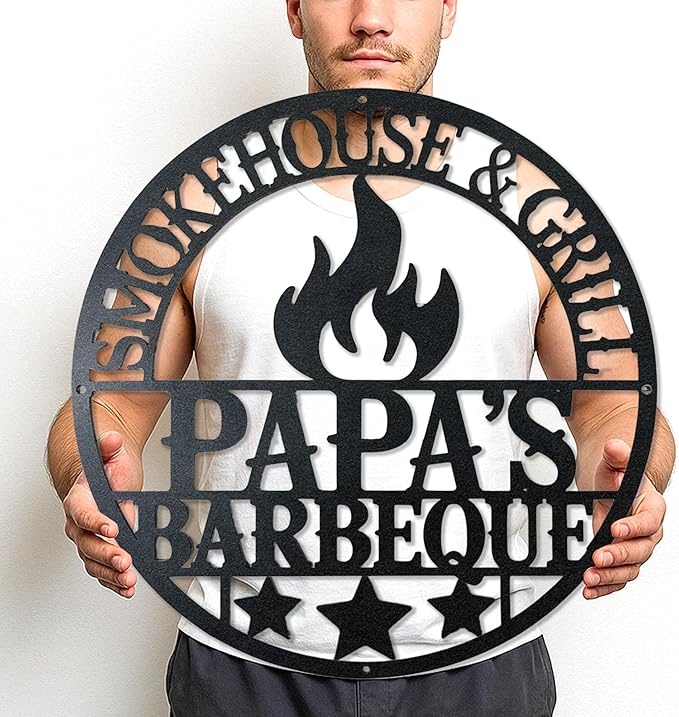 Custom BBQ Metal Sign, Personalized Name Grill Sign for Outdoor Kitchen, Rustic Cut Metal Wall Decor, Backyard Barbecue Gift
