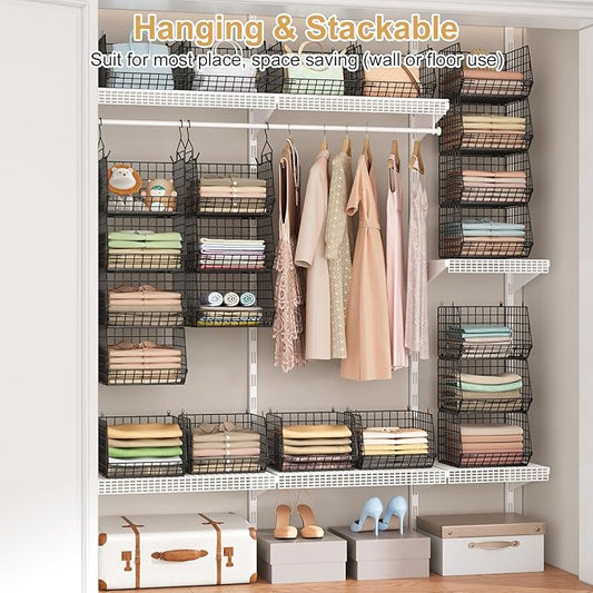 6 Tier Closet Hanging Organizer, Clothes Hanging Shelves with 4 Hanging Hooks 5 S Hooks, Wire Storage Basket Bins, for Clothing Sweaters Shoes Handbags Clutches Accessories Patent Design-Black