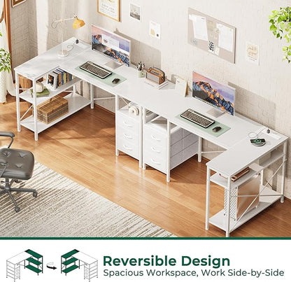 Huuger L Shaped Office Desk with Power Outlets, 47 Inch Computer Desk with 3 Drawers, Shelves, for Gaming, Corner Work, Home Office, Study, White