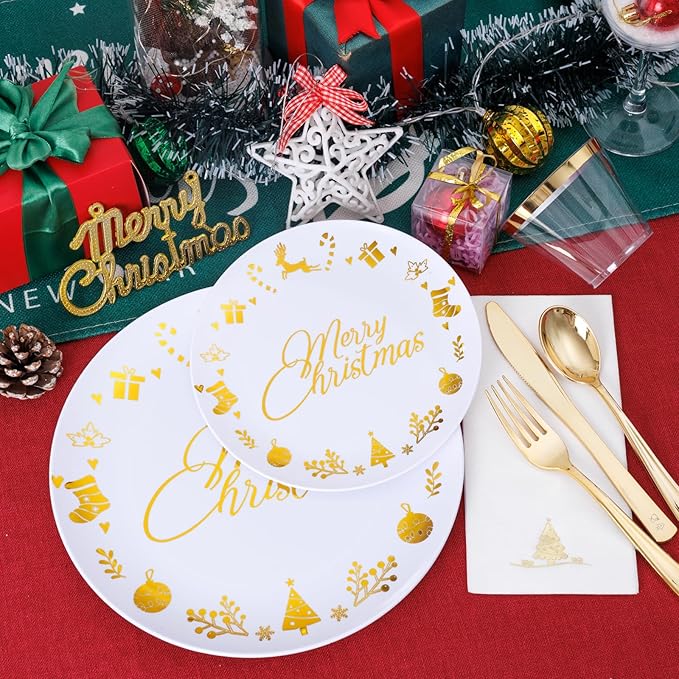 Ciaell 175 Pieces Christmas Plastic Plates - Christmas Gold Plastic Plates include 25Dinner Plate, 25Dessert Plate, 25Knives, 25Forks, 25Spoons, 25cups, 25 Napkins for Xmas Party