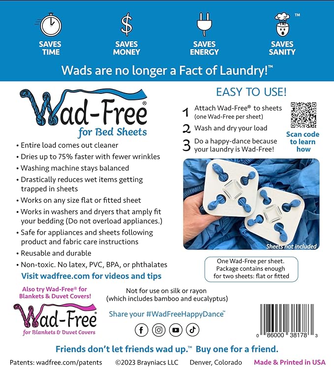 Wad-Free Bed Sheet Detangler Reduces Laundry Tangles - As Seen on Shark Tank, Made in USA
