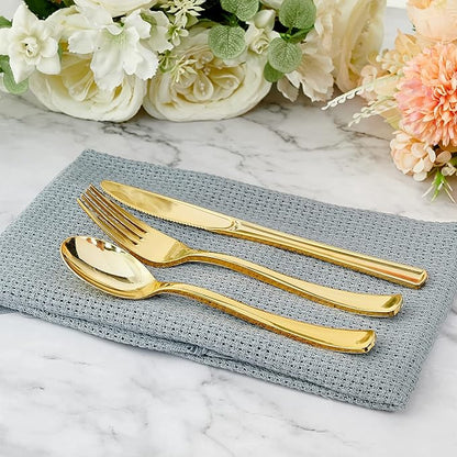 FOCUSLINE 300 Count Gold Plastic Silverware Set - 100 Forks, 100 Knives, 100 Spoons - Heavy Duty Plastic Cutlery Set Disposable Flatware for Catering, Parties, Dinners, Weddings