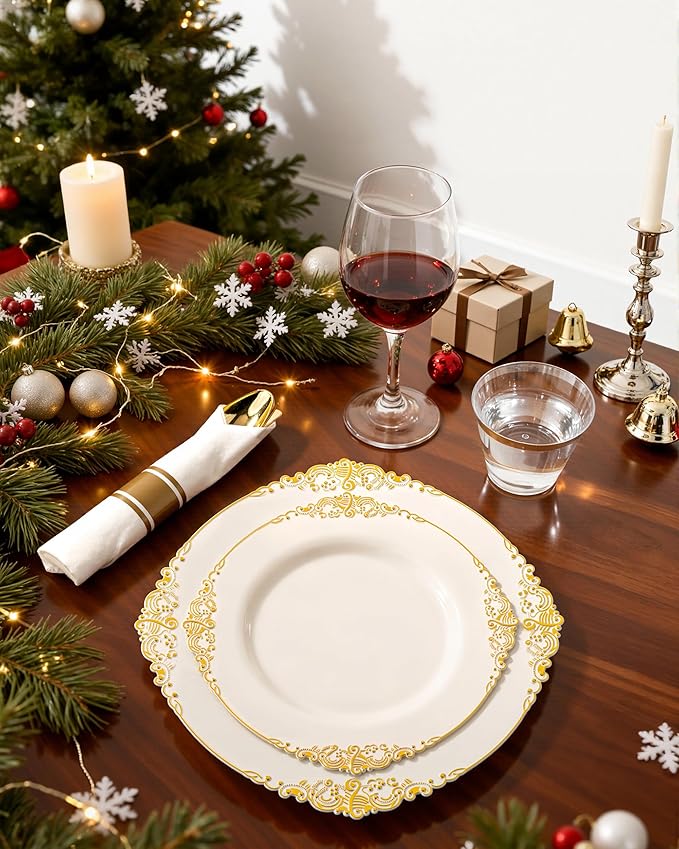 Nervure 350PCS Ivory Plastic Plates - Ivory Gold Plastic Dinnerware Sets for 50 Guests - 100 Gold Disposable Plates, 50 Pre Rolled Silverware Sets, 50 Cups Perfect for Wedding & Thanksgiving