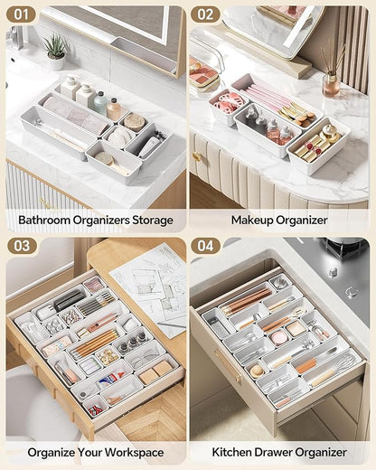 13 Pack Plastic Drawer Organizers Set, 3 Sizes Desk Drawer Organizer Trays for Vanity and Makeup Organizer, Organization and Storage for Makeup, Kitchen Utensils, Bathroom and Office(White)