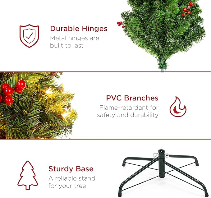 Best Choice Products 9ft Pre-Lit Spruce Pencil Christmas Tree Pre-Decorated for Home, Office, Party, Holiday Decoration w/ 1,298 Tips, 460 Lights, Pine Cones, Metal Hinges & Base - Green