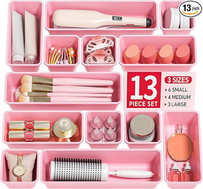 13 Pack Plastic Drawer Organizers Set, 3 Sizes Desk Drawer Organizer Trays for Vanity and Makeup Organizer, Organization and Storage for Makeup, Kitchen Utensils, Bathroom and Office(Pink)