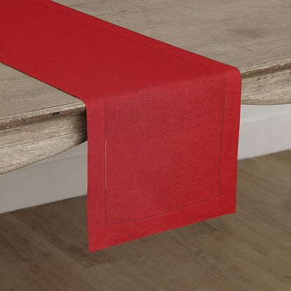 Solino Home Linen Red Table Runner 72 Inches Long - 100% Pure Linen Hemstitch Table Runner 14 x 72 Inch for Dresser, Dining, Christmas, Holiday, Winter, New Year - Classic Hemstitch