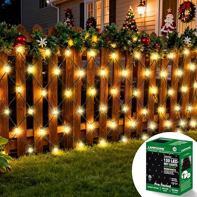 LAMPHOME Led Christmas Net Lights Outdoor Christmas Decorations Lights 150LED 6ftx4ft, Connectable Outdoor Fairy Mesh String Lights for Party, Holiday, Wedding, Tree, Bushes Decorations (Warm White)