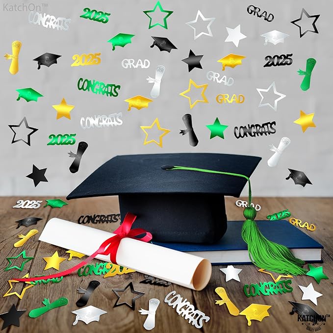 KatchOn, Congrats Grad Confetti 2025 - Pack of 1000 | Green and Gold Graduation Decorations 2025 | 2025 Graduation Confetti for Class of 2025 Decorations