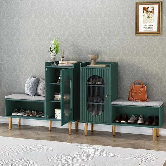 HLR Storage Bench Set of 2, Green Modern Entryway Shoe Cabinet Bench with Glass Door&Shelf, L-Shaped Storage Cabinet with Padded Seat for Hallway, Bedroom, Living Room, Office