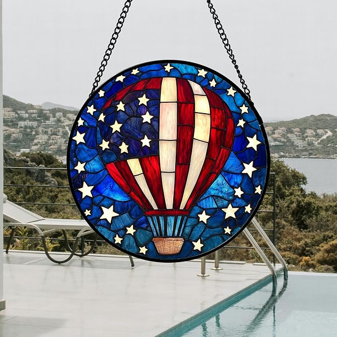 Stained Glass Window Hanging 4 Pcs Set Red Blue Flag Freedom Theme Large 11.8" - Suncatcher Door Garden Sun Catcher Decor Birthday Christmas for Mom Woman Nana Men Friend