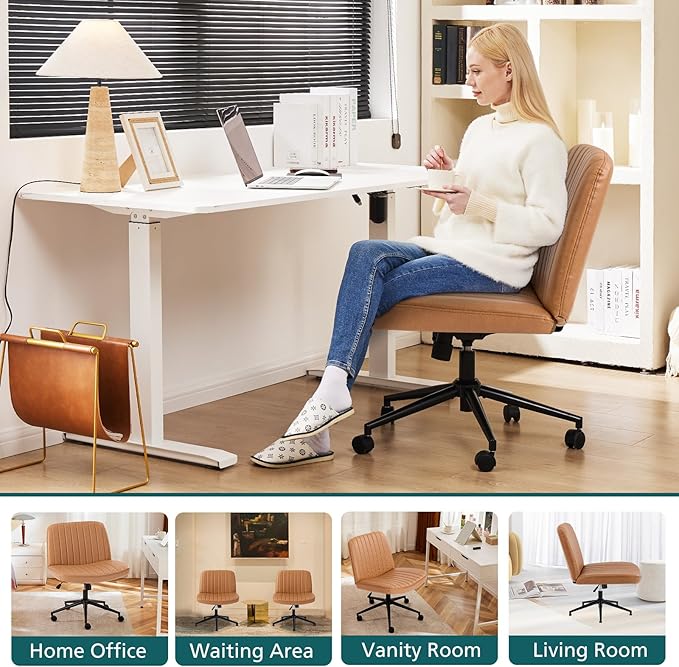 OLIXIS Criss Cross Chair with Wheels Wide Cross Legged Office Desk Vanity Chair Comfy Fabric Armless Adjustable Swivel for Home Computer Task PU Brown