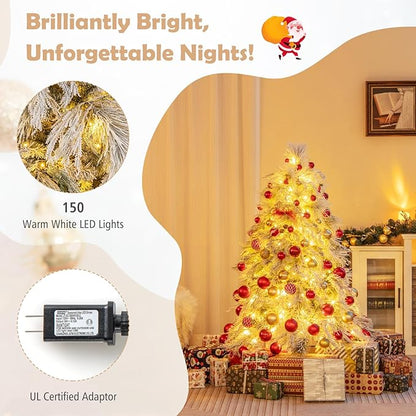 GOFLAME 4.5ft Pre-Lit Christmas Tree Snow Flocked, Hinged Artificial Xmas Tree with 279 Branch Tips, 150 Warm White LED Lights, Willow Leaves, Holiday Decoration Tree for Home Office Party