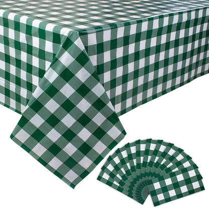Kesfey 12 Packs Green and White Checkered Tablecloths Party Picnic Disposable Table Covers 54 × 108 Inches Splashproof Plastic Checkered Gingham Tablecover for Outdoor Dinners Party Retro Celebrations