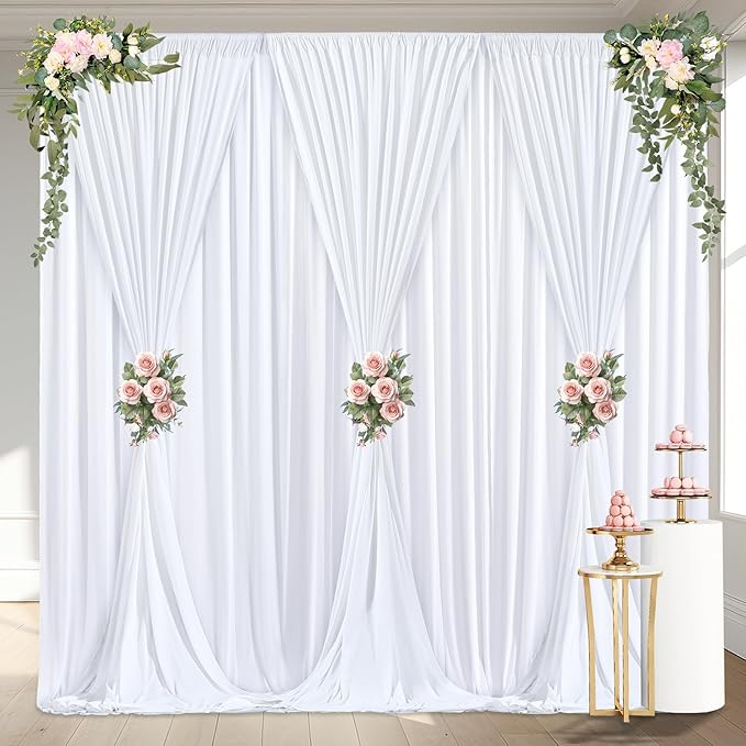 24 x 10ft White Backdrop Curtains for Wedding Photo Background Curtains Wrinkle Resistant Back Drop for Party Photoshoot Polyester Curtains Backdrop for Baby Shower Birthday Events Decor, 6 Panels