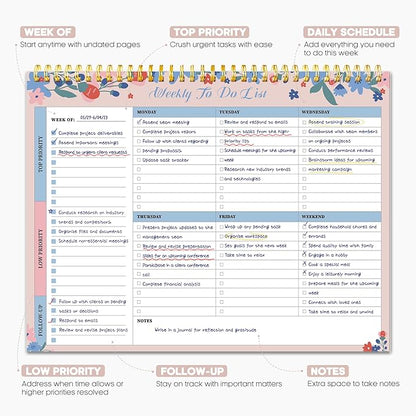 Taja Weekly To Do List Notepad with 52 Undated Sheets（8.5"×11"）- Weekly Desk Planner for Women & Man, Work and Home - 1 Pack Spring Blossom