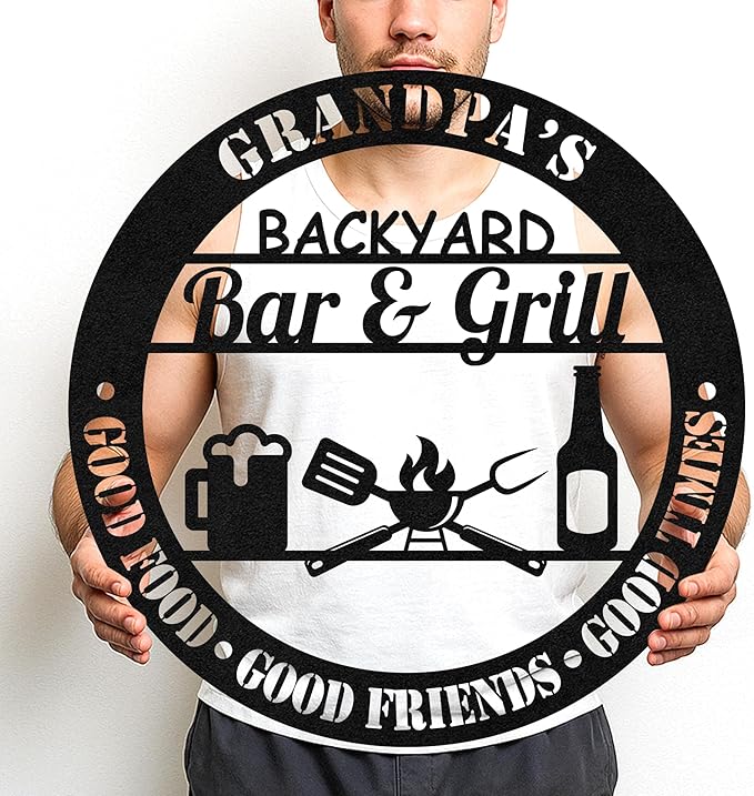 Outdoor Barbecue Metal Sign, Custom Grill Name Cut Wall Art for BBQ Station, Rustic Patio Kitchen and Backyard Decor