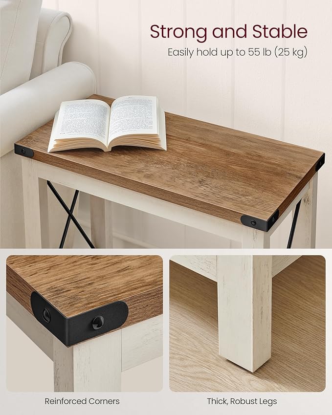 VASAGLE 2-Tier End Table, Side Table with Bottom Shelf, Nightstand for Small Spaces, for Living Room, Bedroom, Farmhouse Style, Rustic White and Honey Brown ULET235W01