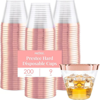 Prestee 200 Rose Gold Plastic Cups, 9oz – Elegant Hard Disposable Tumblers for Wine, Cocktails & Beverages – Clear Plastic Cups with Rose Gold Rim – Bulk Party Drinkware for Weddings, Holidays & Event