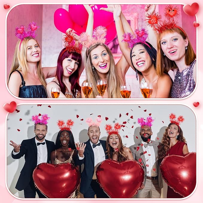 6 Pcs Valentine's Heart Headbands with Heart Boppers and Tinsel Headdresses Red Pink Happy Valentine Headdresses for Women Costume Party Gift Love