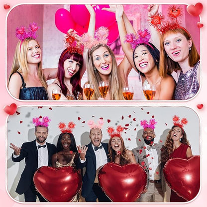 6 Pcs Valentine's Heart Headbands with Heart Boppers and Tinsel Headdresses Red Pink Happy Valentine Headdresses for Women Costume Party Gift Love