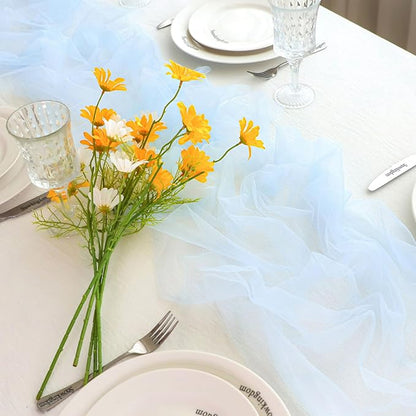 Snowkingdom Light Blue Table Runner 10FT, Baby Blue Sheer Cheesecloth Gauze Runner 120 Inch, Rustic Boho Party Table Decoration for Wedding Bridal Baby Shower Birthday Christmas Winter Holiday