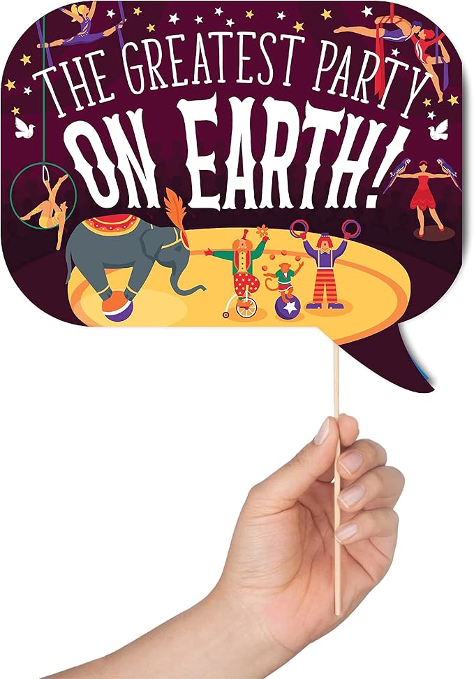 Carnival Photo Booth Props - 41-pc Photobooth Kit with 8 x 10-Inch Sign, 60 Adhesive Pads, 45 Sticks - Circus Theme Party Decorations - Carnival Backdrop